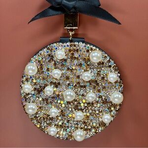 Bejeweled Pearl Accent Round Compact Mirror - Keychain or Bag Charm Gold & Pearl
